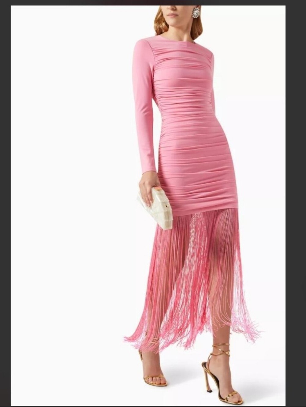 Alice + Olivia Hot Pink Ruched Long-Sleeve Fringe Dress